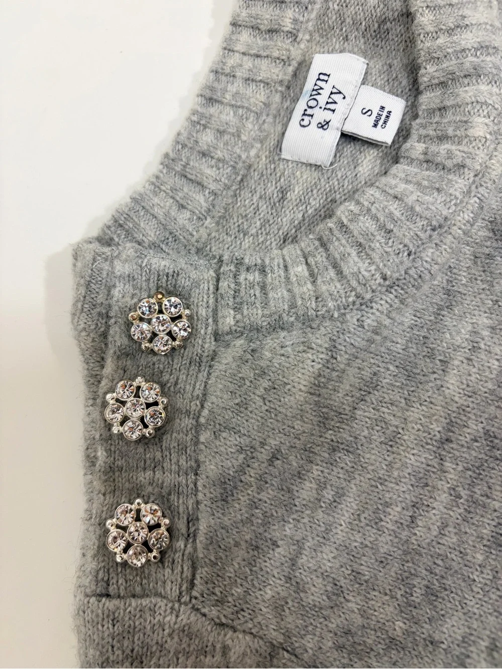crown & ivy Light Gray Crewneck Sweater with Rhinestone Shoulder Buttons